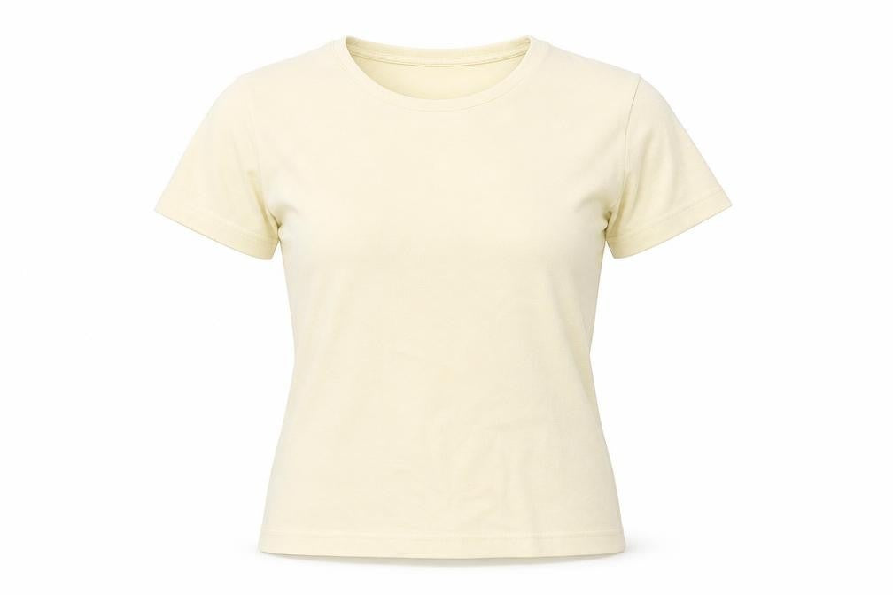 Front view of Dorothy Perkins women’s yellow polyester basic t-shirt, size UK 14, round neck