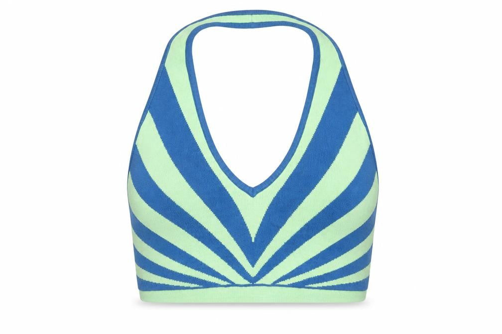 Front view of PRETTYLITTLETHING women’s multicoloured geometric polyester cropped tank, size L, halter