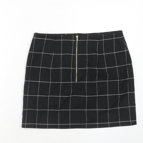 H&M Womens Black Check Polyester A-Line Skirt Size 14 Zip