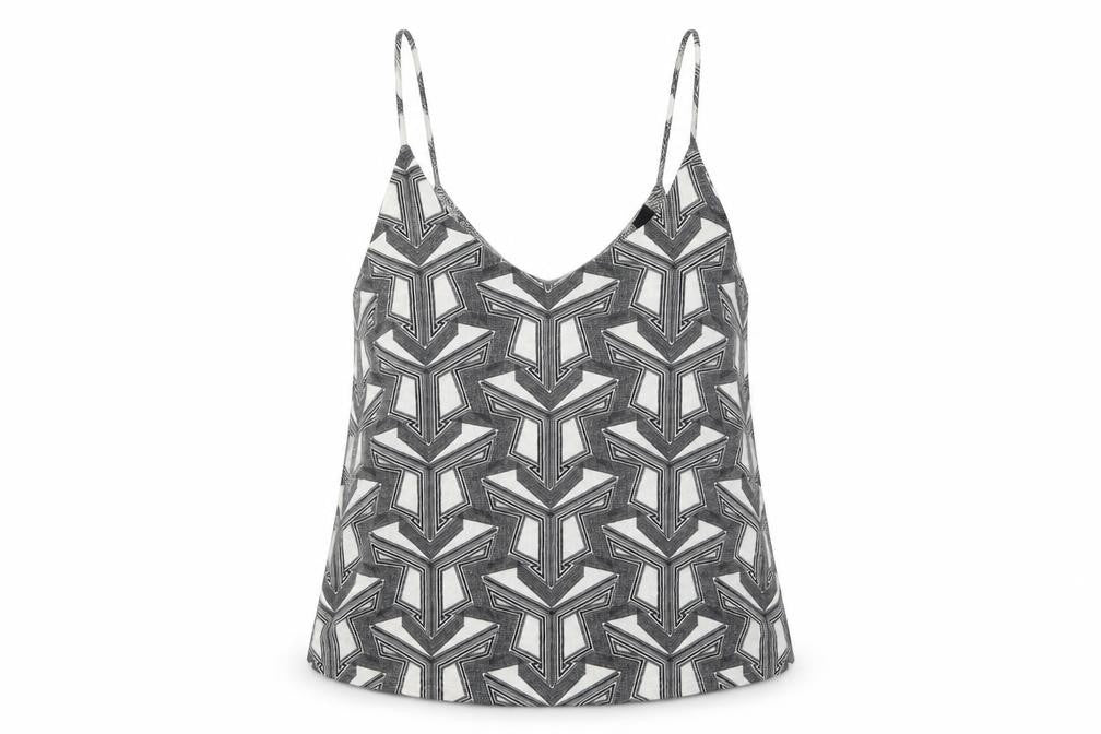 Front view of Topshop women’s grey geometric viscose basic tank, size UK 10, round neck