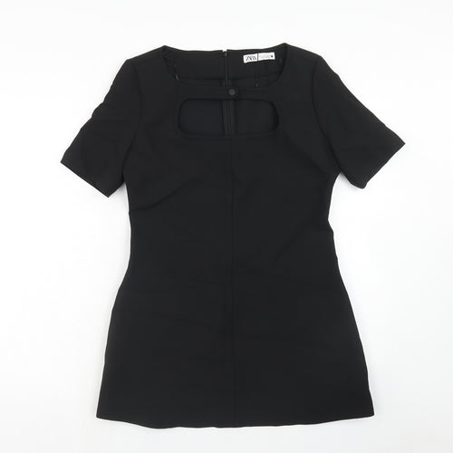 Zara Womens Black Polyester A-Line Size L Round Neck Zip