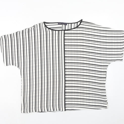 Marks and Spencer Womens White Striped Polyester Basic Blouse Size 14 Round Neck