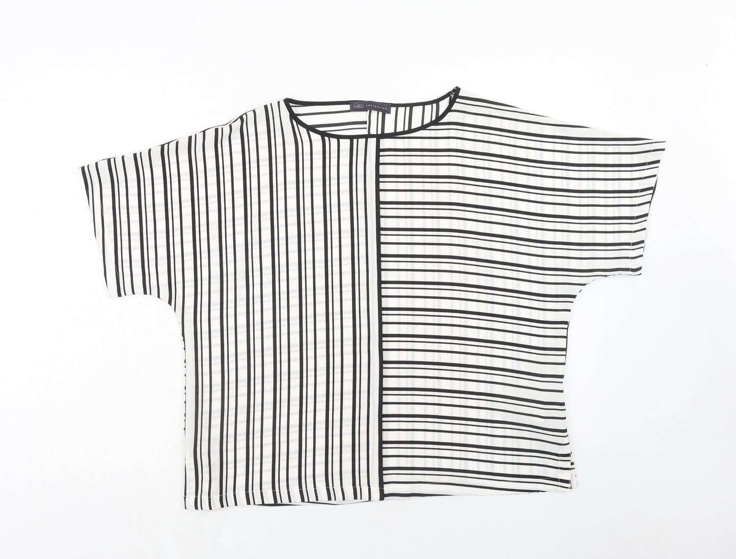Marks and Spencer Womens White Striped Polyester Basic Blouse Size 14 Round Neck