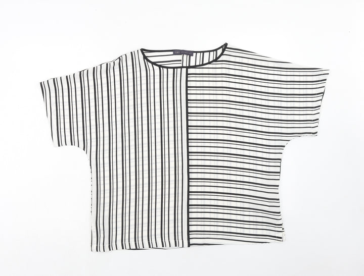 Marks and Spencer Womens White Striped Polyester Basic Blouse Size 14 Round Neck