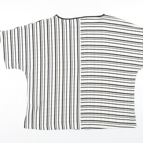 Marks and Spencer Womens White Striped Polyester Basic Blouse Size 14 Round Neck