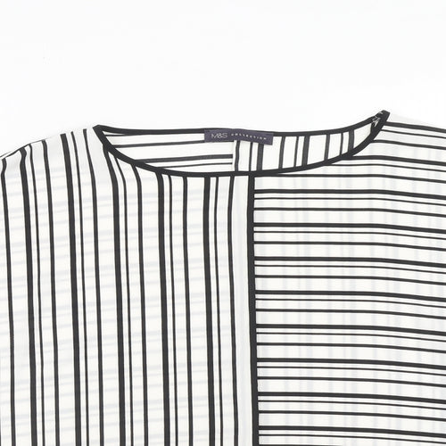 Marks and Spencer Womens White Striped Polyester Basic Blouse Size 14 Round Neck