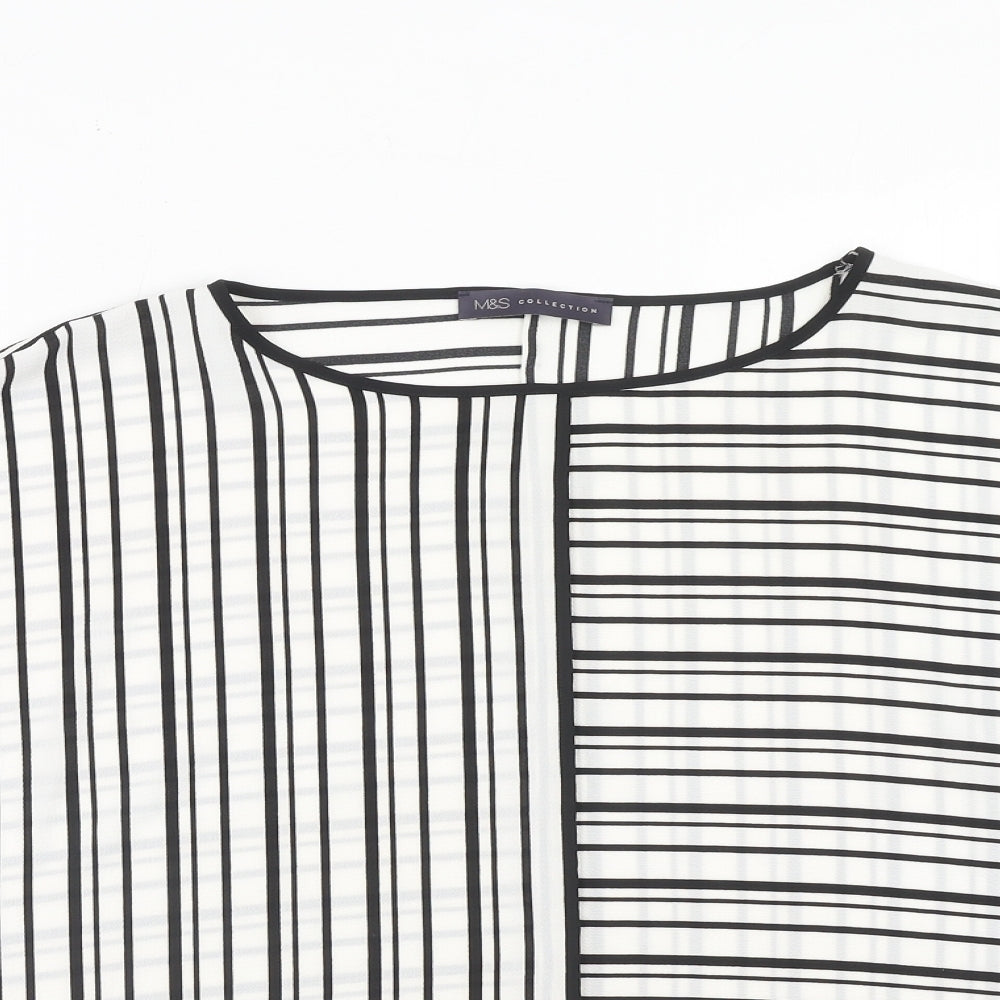 Marks and Spencer Womens White Striped Polyester Basic Blouse Size 14 Round Neck