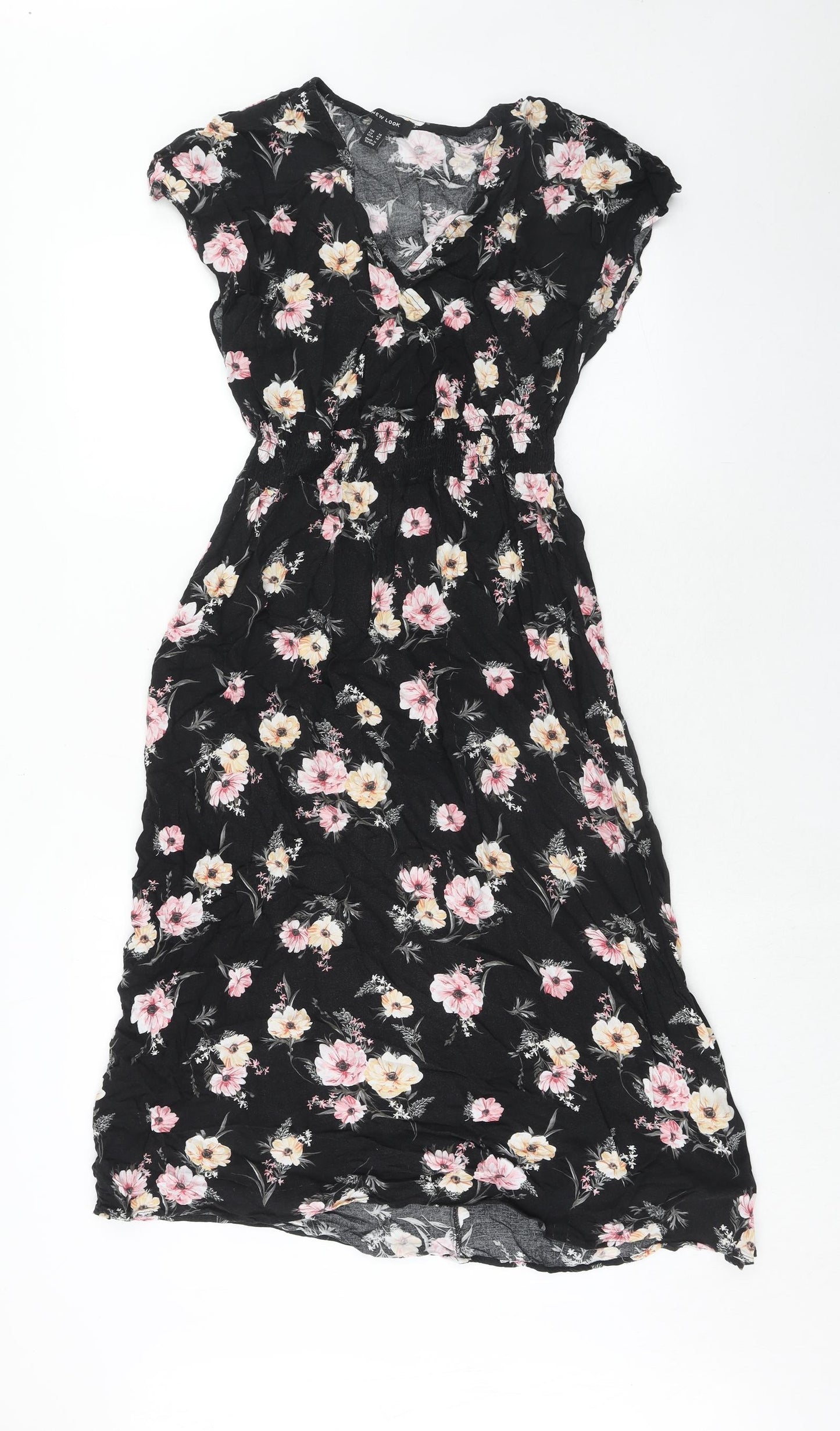 New Look Womens Black Floral Viscose Trapeze & Swing Size 14 V-Neck Pullover