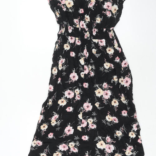 New Look Womens Black Floral Viscose Trapeze & Swing Size 14 V-Neck Pullover