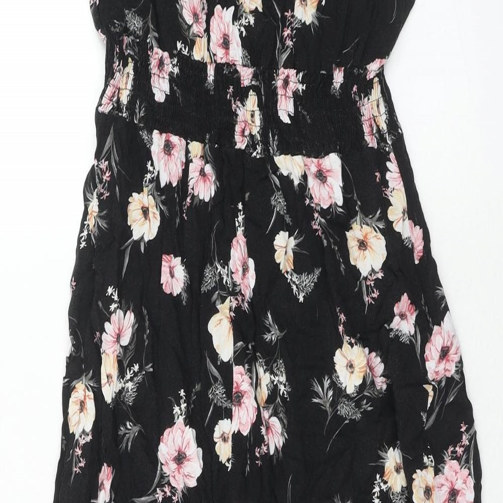 New Look Womens Black Floral Viscose Trapeze & Swing Size 14 V-Neck Pullover