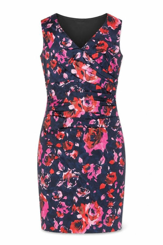 Front view of M&Co women’s pink floral polyester a-line, size UK 10, v-neck zip