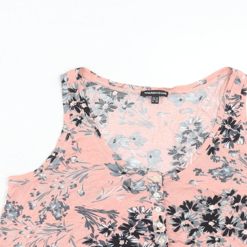Warehouse Womens Pink Floral Viscose Basic Tank Size 14 Scoop Neck