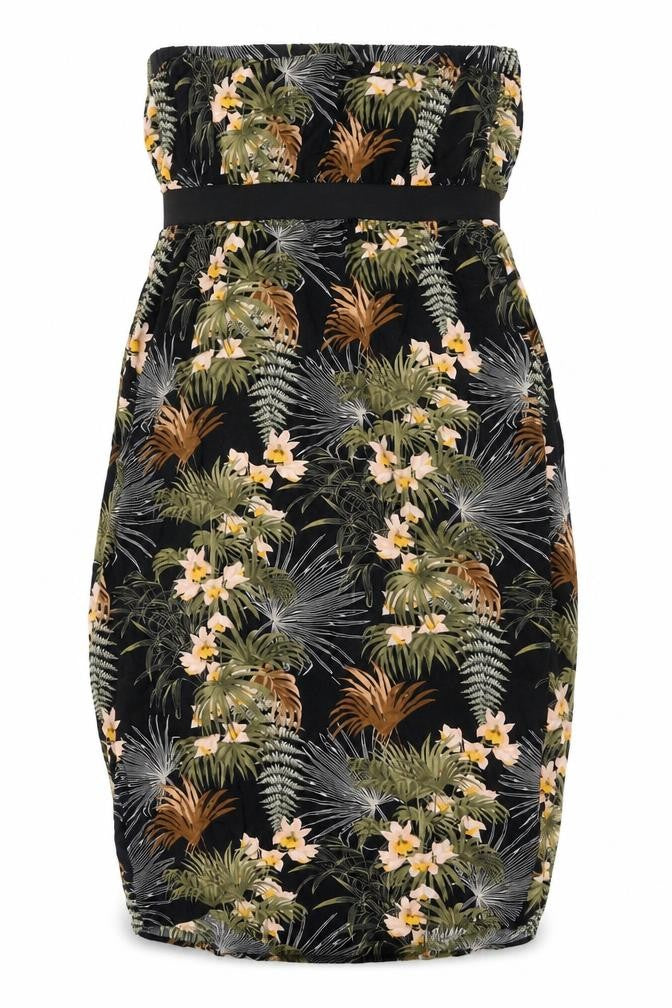 Front view of Warehouse women’s multicoloured floral viscose a-line, size UK 14, off the shoulder pullover