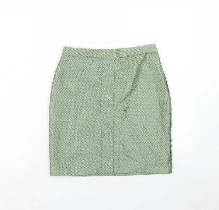 Marks and Spencer Womens Green Geometric Polyester A-Line Skirt Size 8 Zip