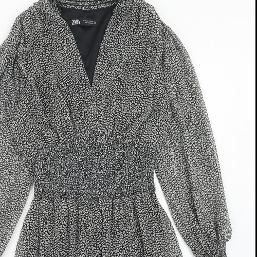 Zara Womens Black Geometric Polyester Skater Dress Size S V-Neck Pullover