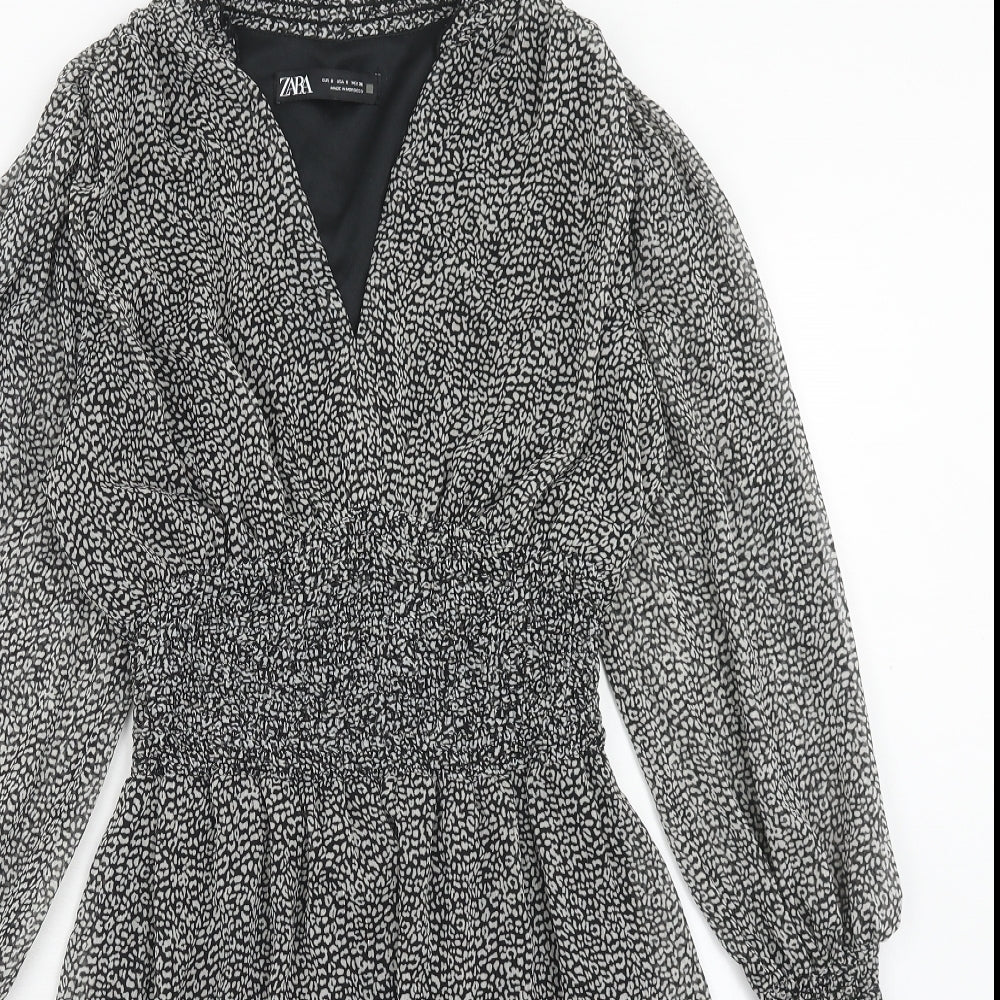 Zara Womens Black Geometric Polyester Skater Dress Size S V-Neck Pullover