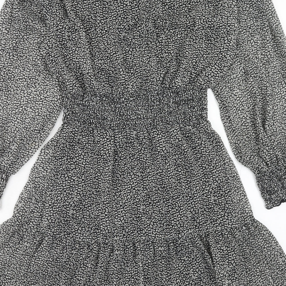Zara Womens Black Geometric Polyester Skater Dress Size S V-Neck Pullover