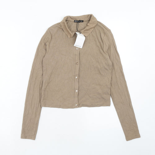 Stradivarius Womens Brown Viscose Basic Button-Up Size L Collared - Ribbed