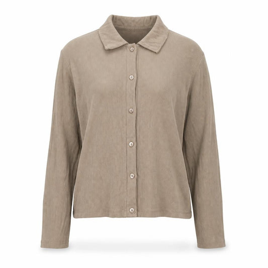 Front view of Stradivarius women’s brown viscose basic button-up, size L, collared - ribbed