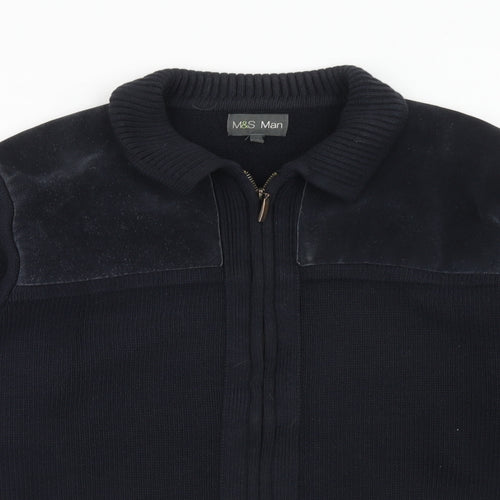 Marks and Spencer Mens Blue Collared Acrylic Full Zip Jumper Size L Long Sleeve