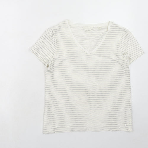 Ted Baker Womens White Striped Viscose Basic T-Shirt Size S V-Neck