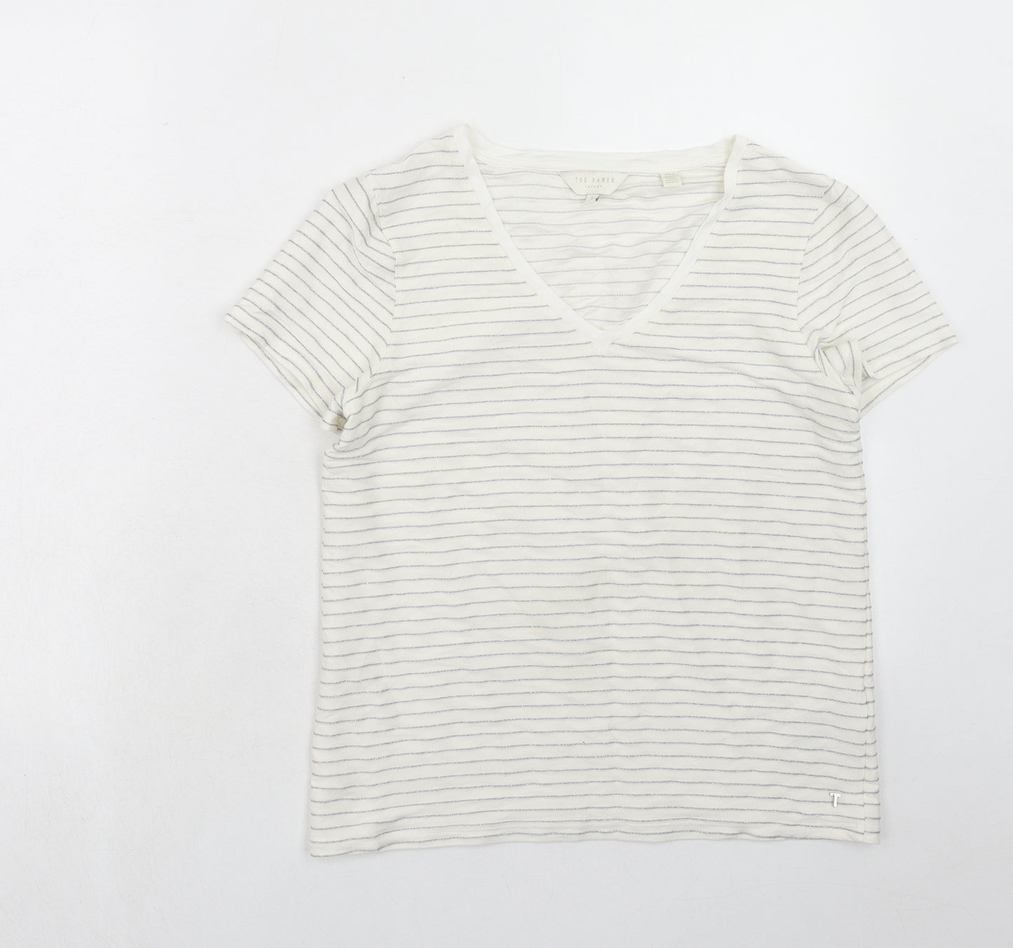 Ted Baker Womens White Striped Viscose Basic T-Shirt Size S V-Neck