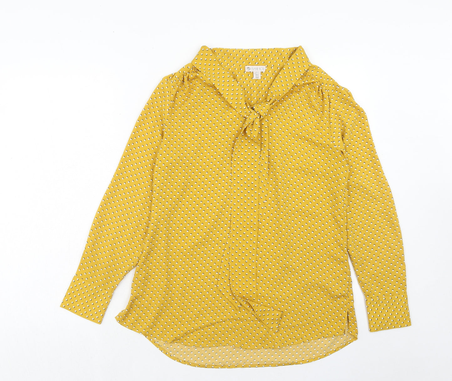 Elaine Rose Womens Yellow Polka Dot Polyester Basic Blouse Size S Round Neck - Tie Neck Detail