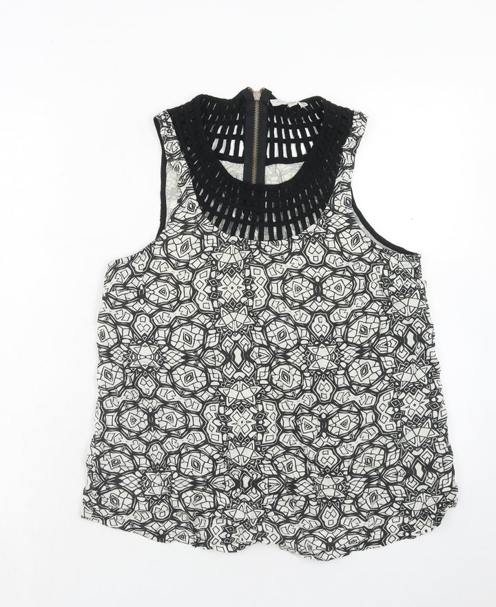 New Look Womens Black Geometric Viscose Basic Blouse Size 14 Round Neck - Neckline Detail