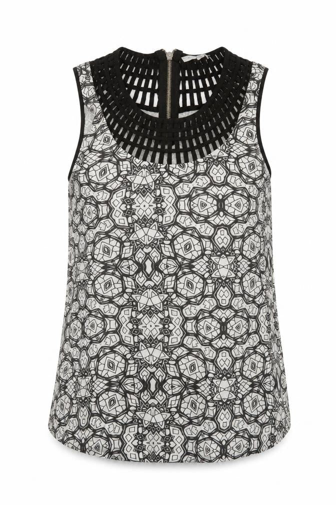New Look Womens Black Geometric Viscose Basic Blouse Size 14 Round Neck - Neckline Detail