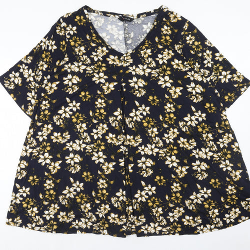 Yours Womens Blue Floral Viscose Basic Blouse Size 22 V-Neck