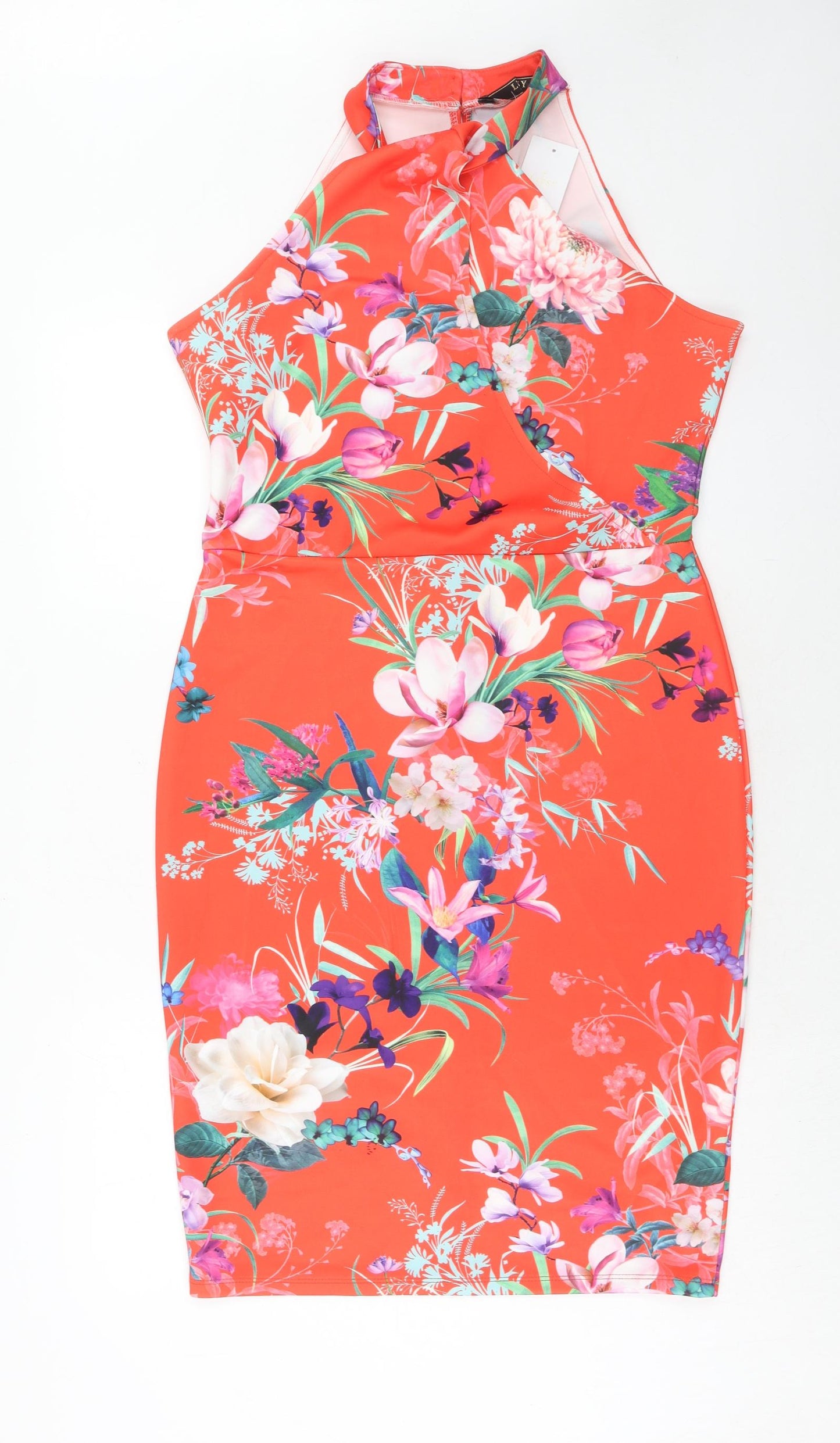 Lipsy Womens Red Floral Polyester Bodycon Size 16 Halter Button