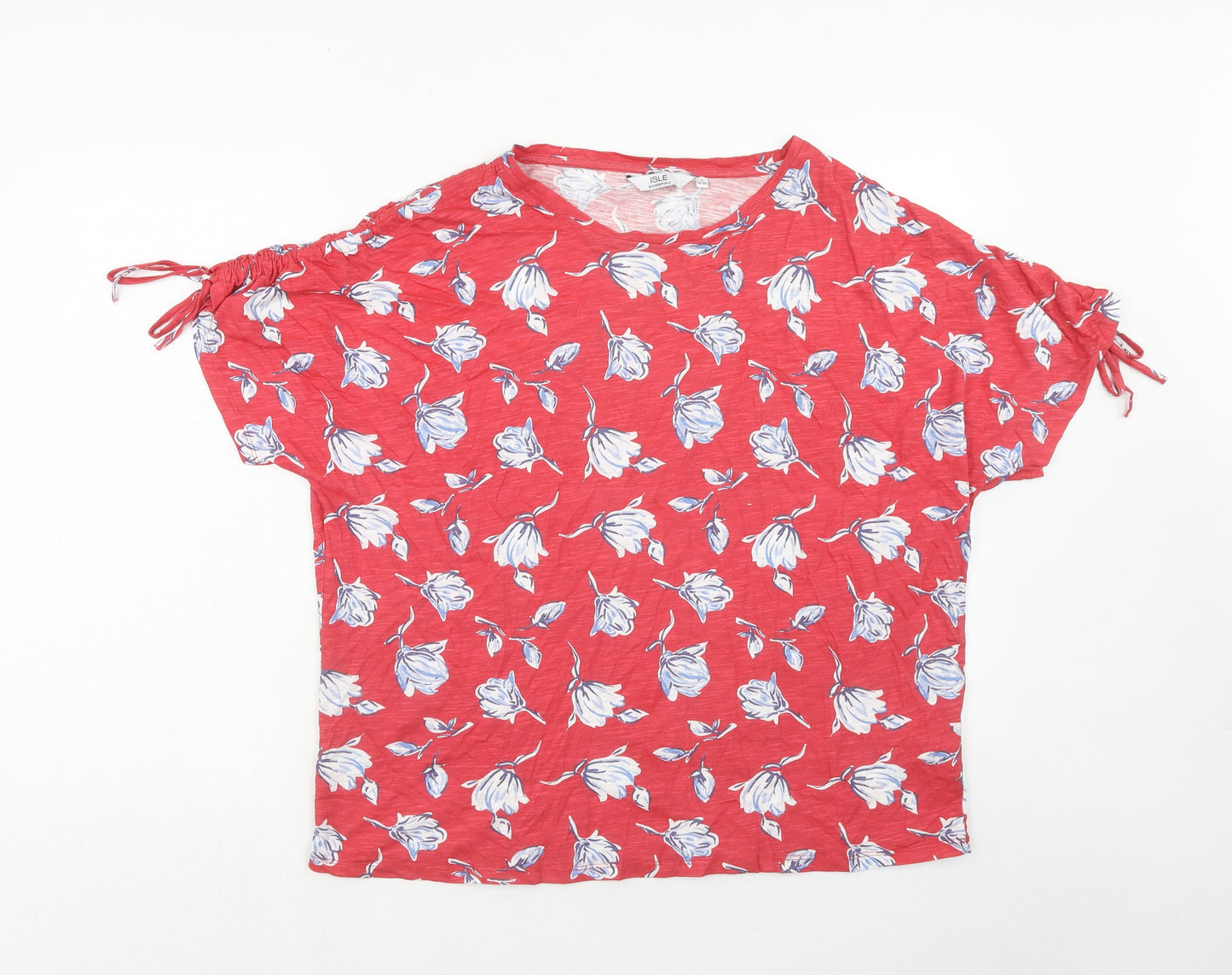 EWM Womens Red Floral Cotton Basic T-Shirt Size L Boat Neck - Ruched Sleeve Detail