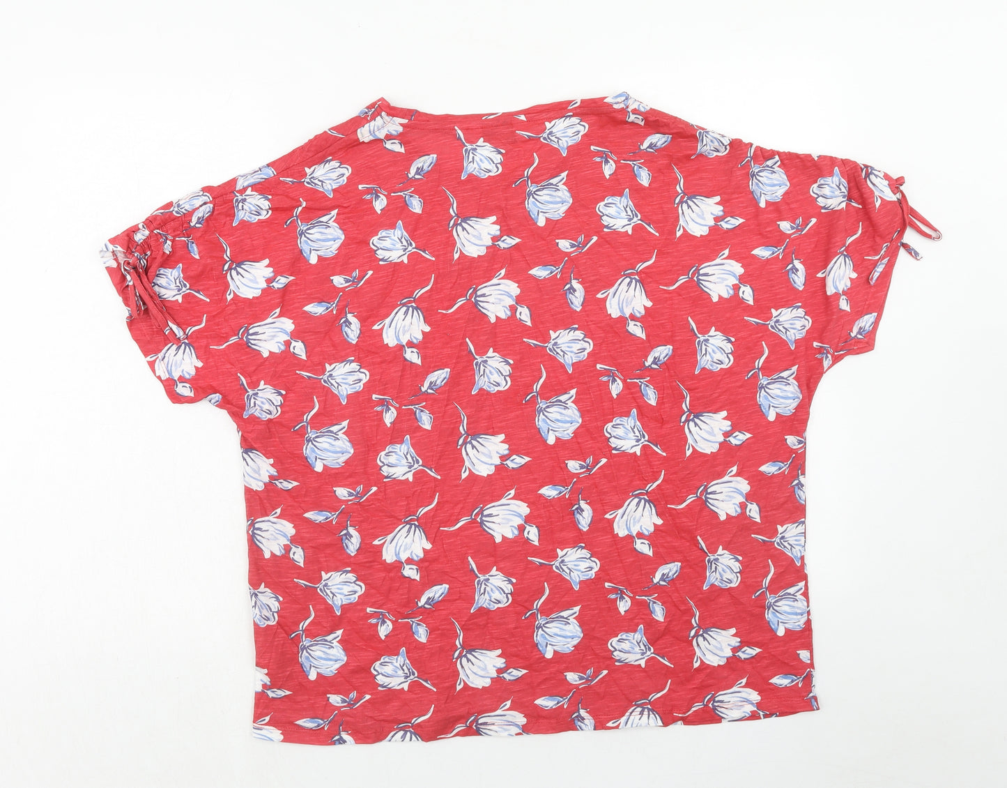 EWM Womens Red Floral Cotton Basic T-Shirt Size L Boat Neck - Ruched Sleeve Detail