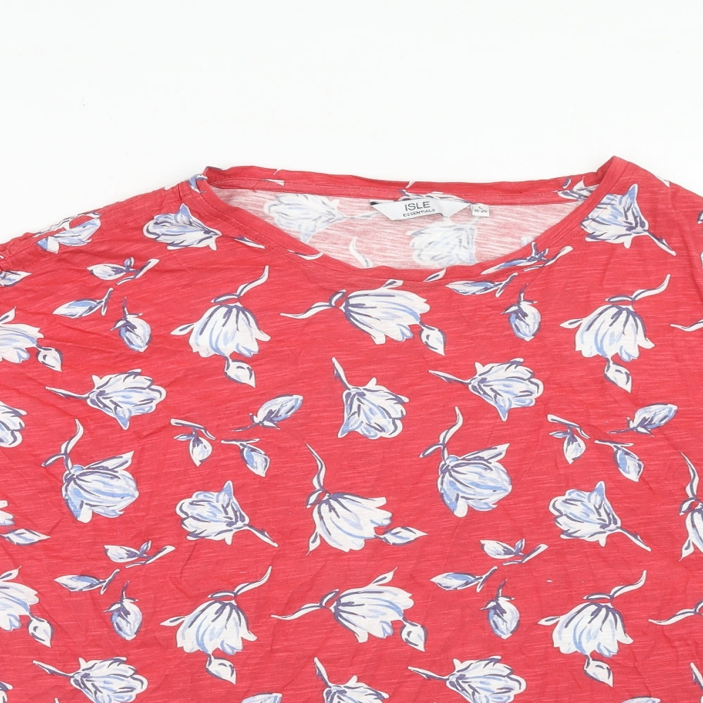 EWM Womens Red Floral Cotton Basic T-Shirt Size L Boat Neck - Ruched Sleeve Detail