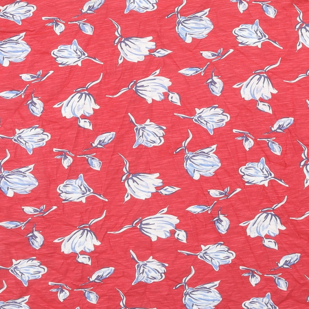 EWM Womens Red Floral Cotton Basic T-Shirt Size L Boat Neck - Ruched Sleeve Detail