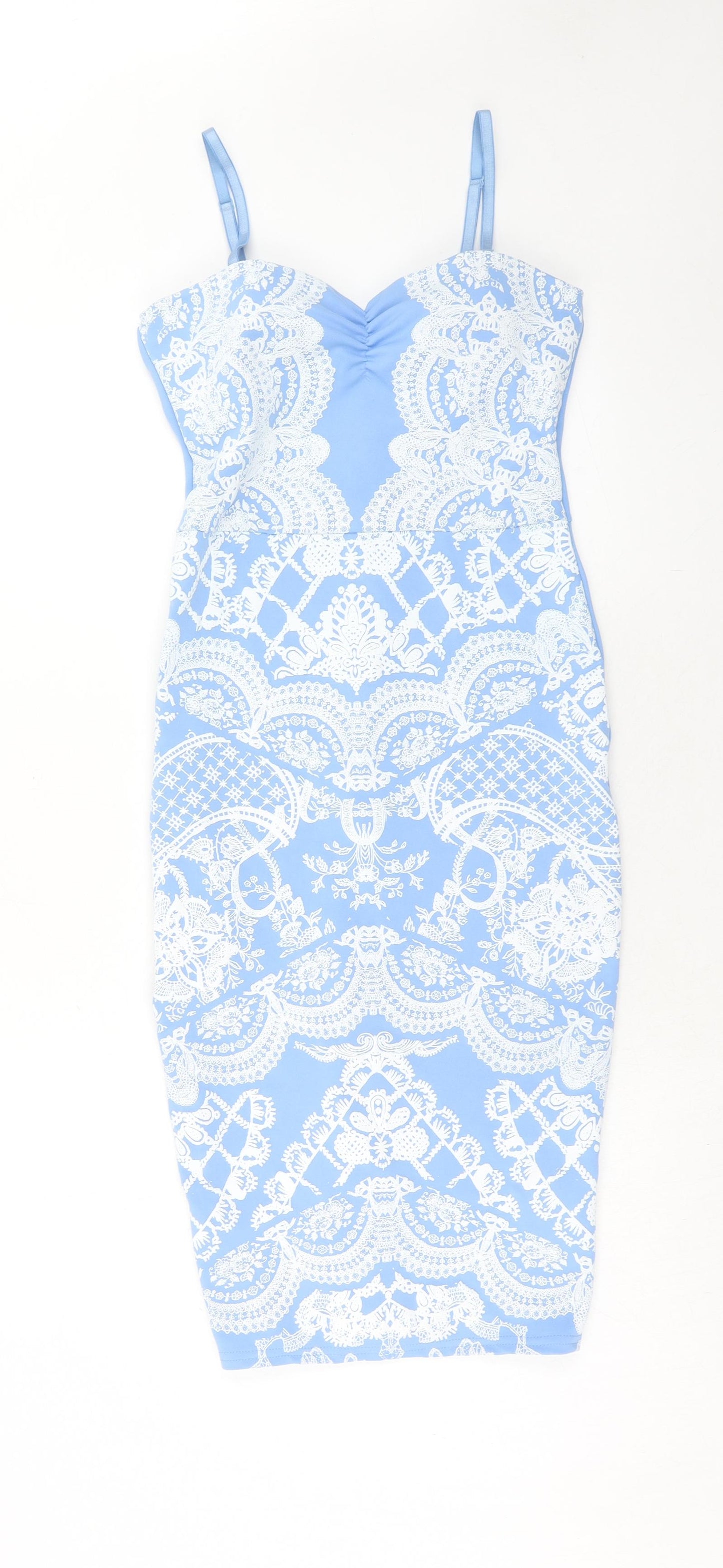Lipsy Womens Blue Geometric Polyester Bodycon Size 10 Sweetheart Zip