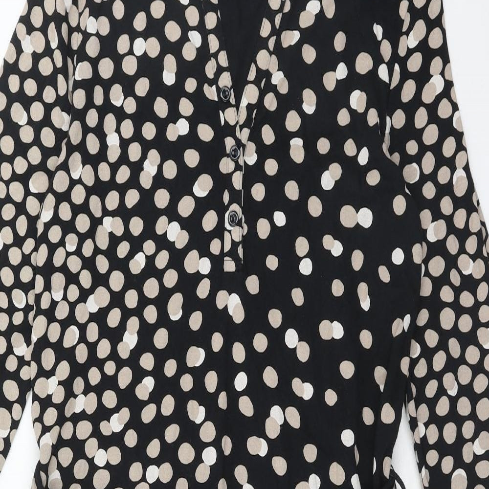 Nanso Womens Black Geometric Viscose A-Line Size M V-Neck Button