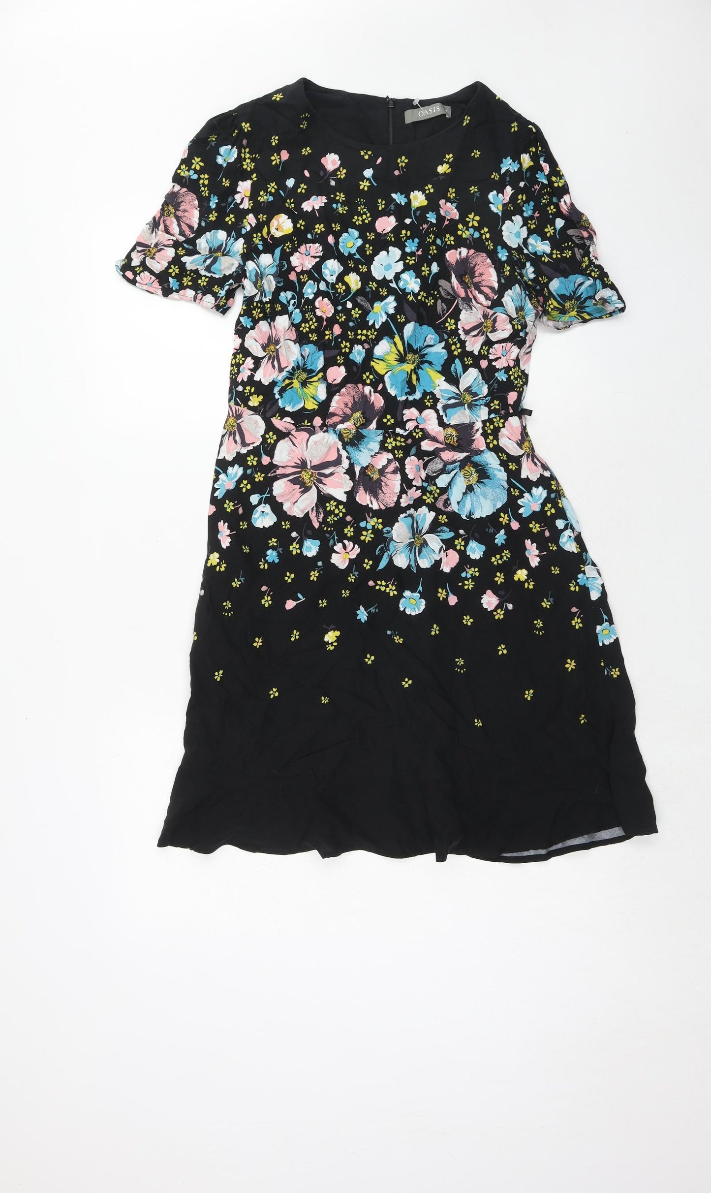 Oasis Womens Black Floral Viscose Shift Size 10 Round Neck Zip