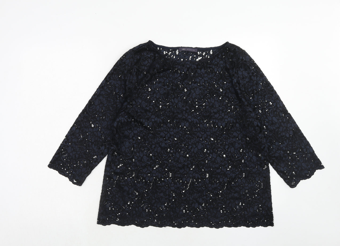 Marks and Spencer Womens Blue Polyamide Basic Blouse Size 14 Boat Neck