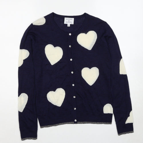 Antoni & Alison Womens Blue Round Neck Geometric Wool Pullover Jumper Size 10 - Heart Pattern
