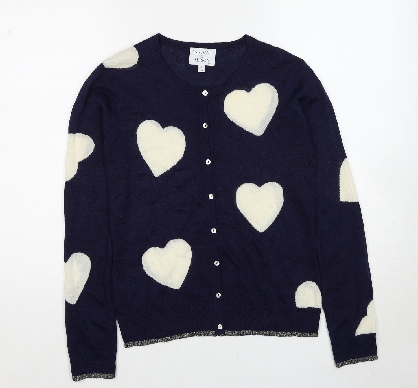 Antoni & Alison Womens Blue Round Neck Geometric Wool Pullover Jumper Size 10 - Heart Pattern