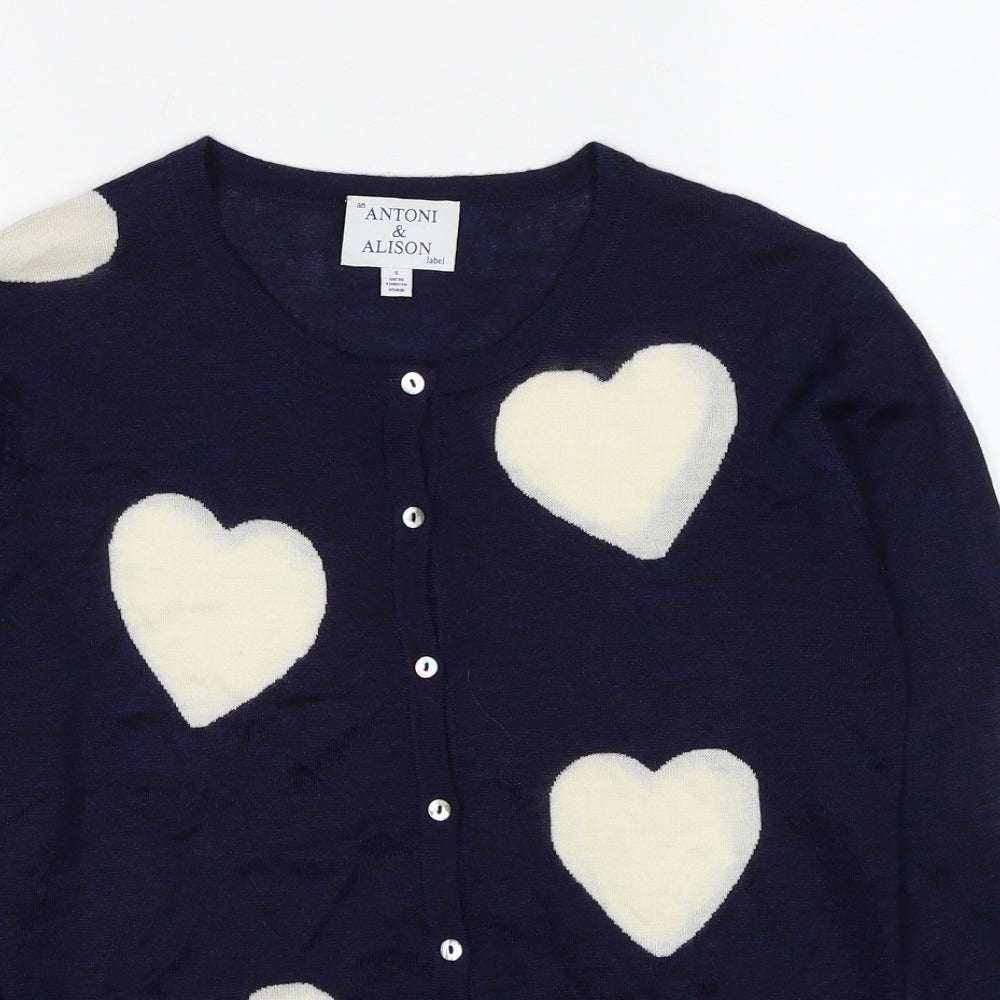 Antoni & Alison Womens Blue Round Neck Geometric Wool Pullover Jumper Size 10 - Heart Pattern