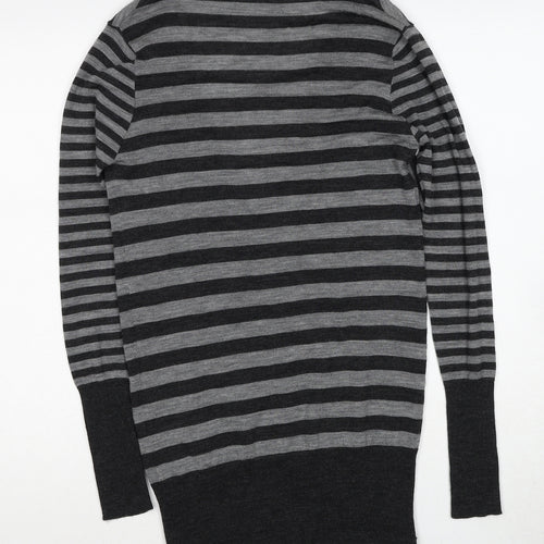 James Lakeland Womens Grey V-Neck Striped Wool Cardigan Jumper Size 10