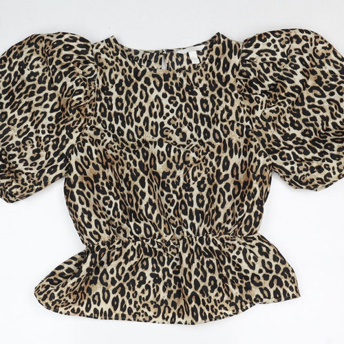 H&M Womens Beige Animal Print Polyester Basic Blouse Size S Round Neck - Leopard Print