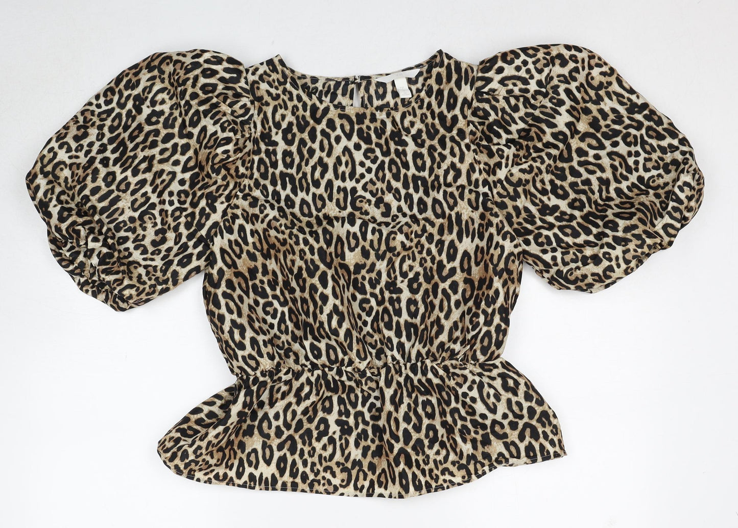 H&M Womens Beige Animal Print Polyester Basic Blouse Size S Round Neck - Leopard Print