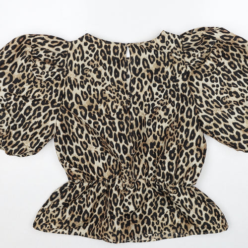 H&M Womens Beige Animal Print Polyester Basic Blouse Size S Round Neck - Leopard Print