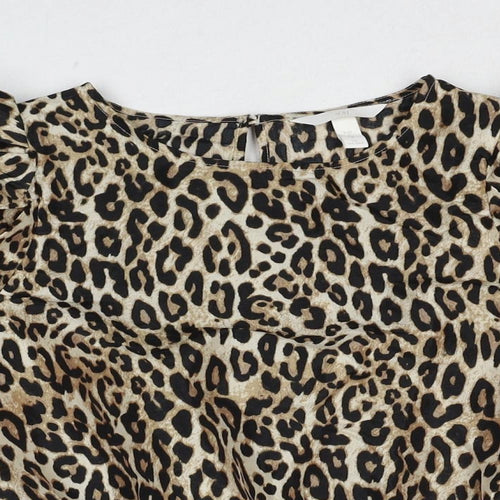 H&M Womens Beige Animal Print Polyester Basic Blouse Size S Round Neck - Leopard Print