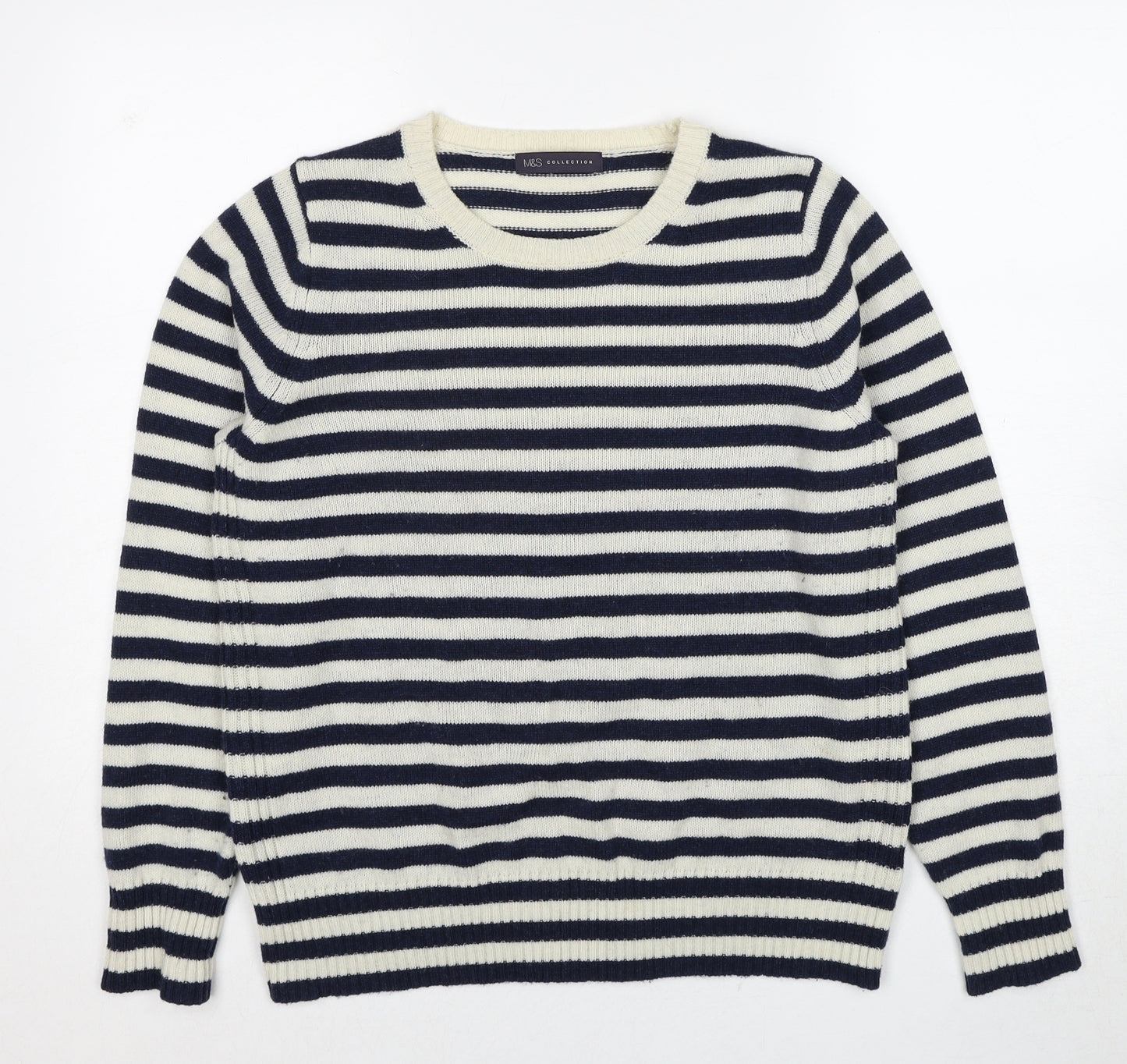 Marks and Spencer Womens Blue Round Neck Striped Wool Pullover Jumper Size 16