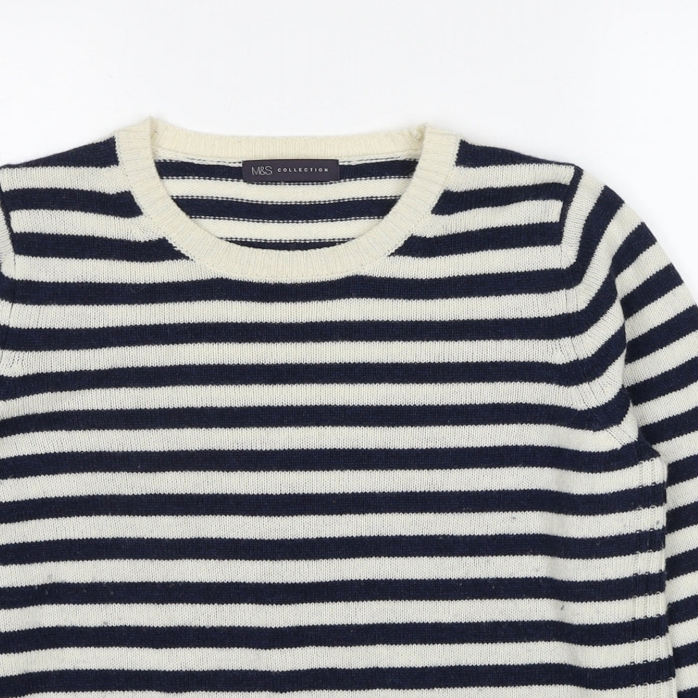 Marks and Spencer Womens Blue Round Neck Striped Wool Pullover Jumper Size 16