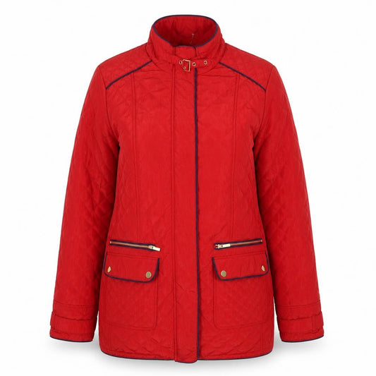 Front view of JBC Collection women’s red quilted coat, size UK 10, zip